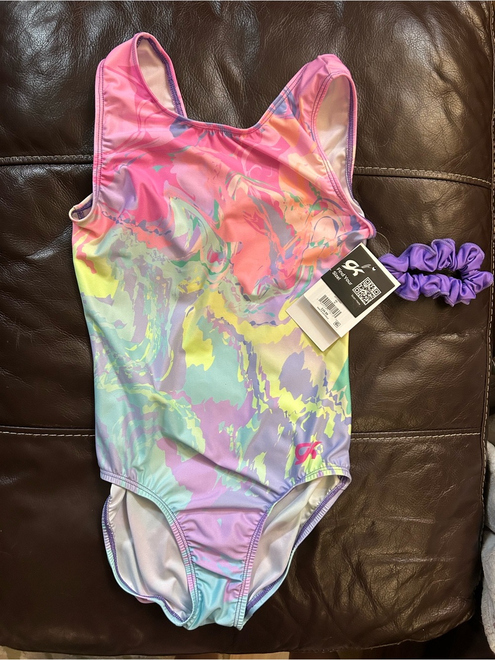 GK Girls Pastel Marble One-Piece Swimsuit with Purple Scrunchie